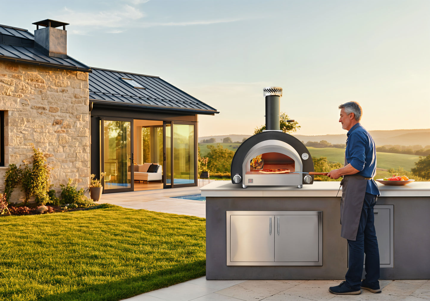 Man standing next to a Summerset Grills Hybrid Pizza Oven in an outdoor kitchen setting with a scenic background.